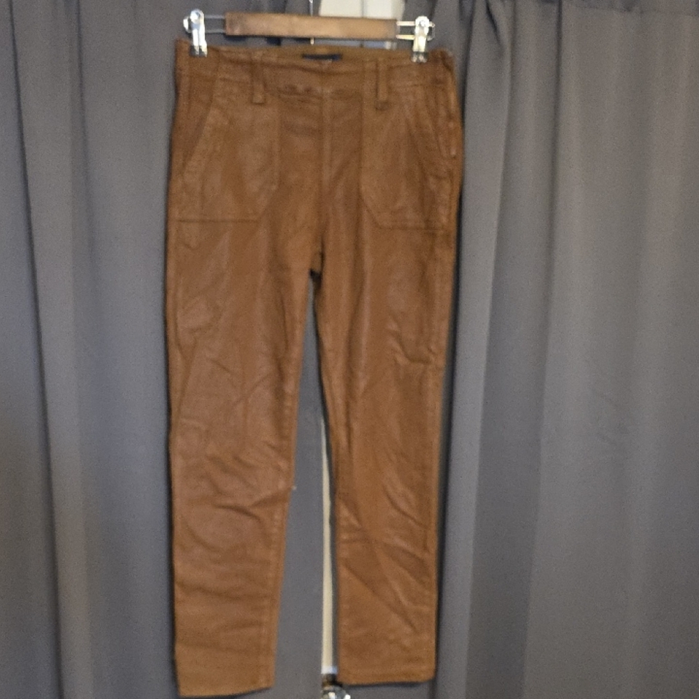 Paige Womens Shimmer Brown Faux Leather Pants Side Zip Pickets Stretch Sz 27 GUC
